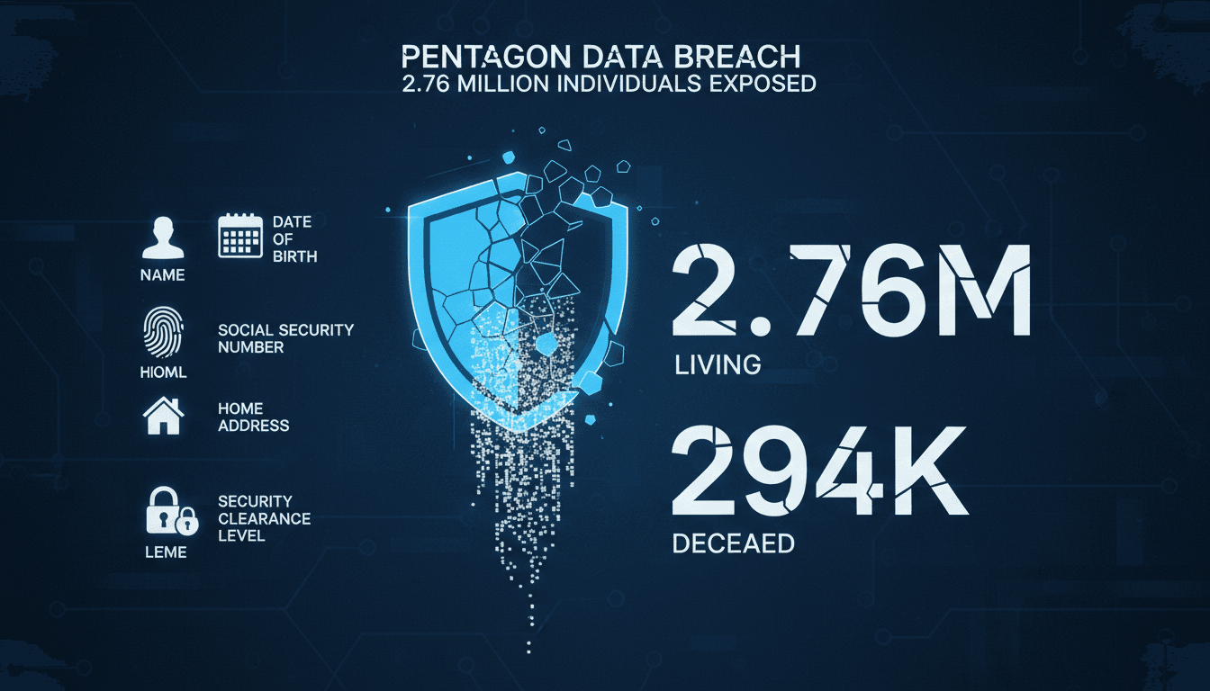 Infographic showing the Pentagon data breach impact, highlighting 2.76 million affected individuals and types of exposed data.