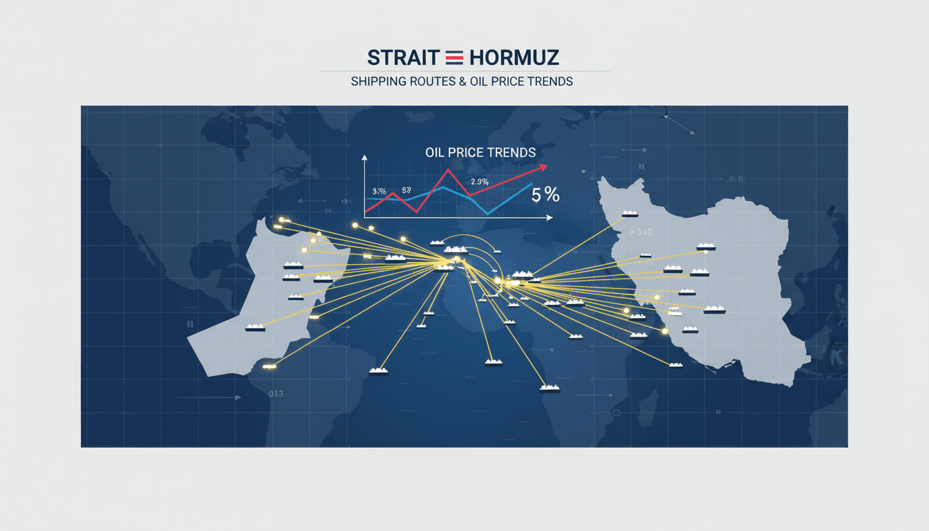 A map of the Strait of Hormuz showing shipping routes and oil price trends.