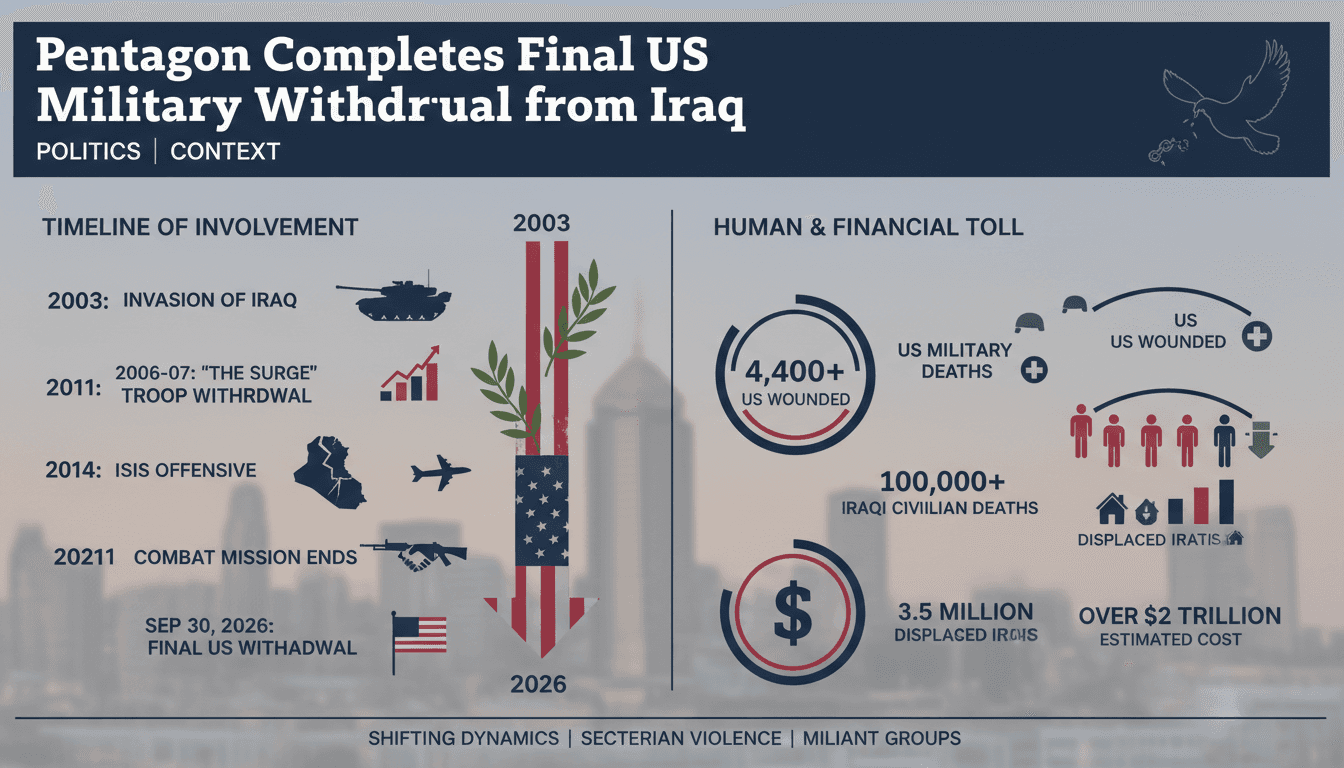 Infographic detailing the timeline and human cost of the US military withdrawal from Iraq.
