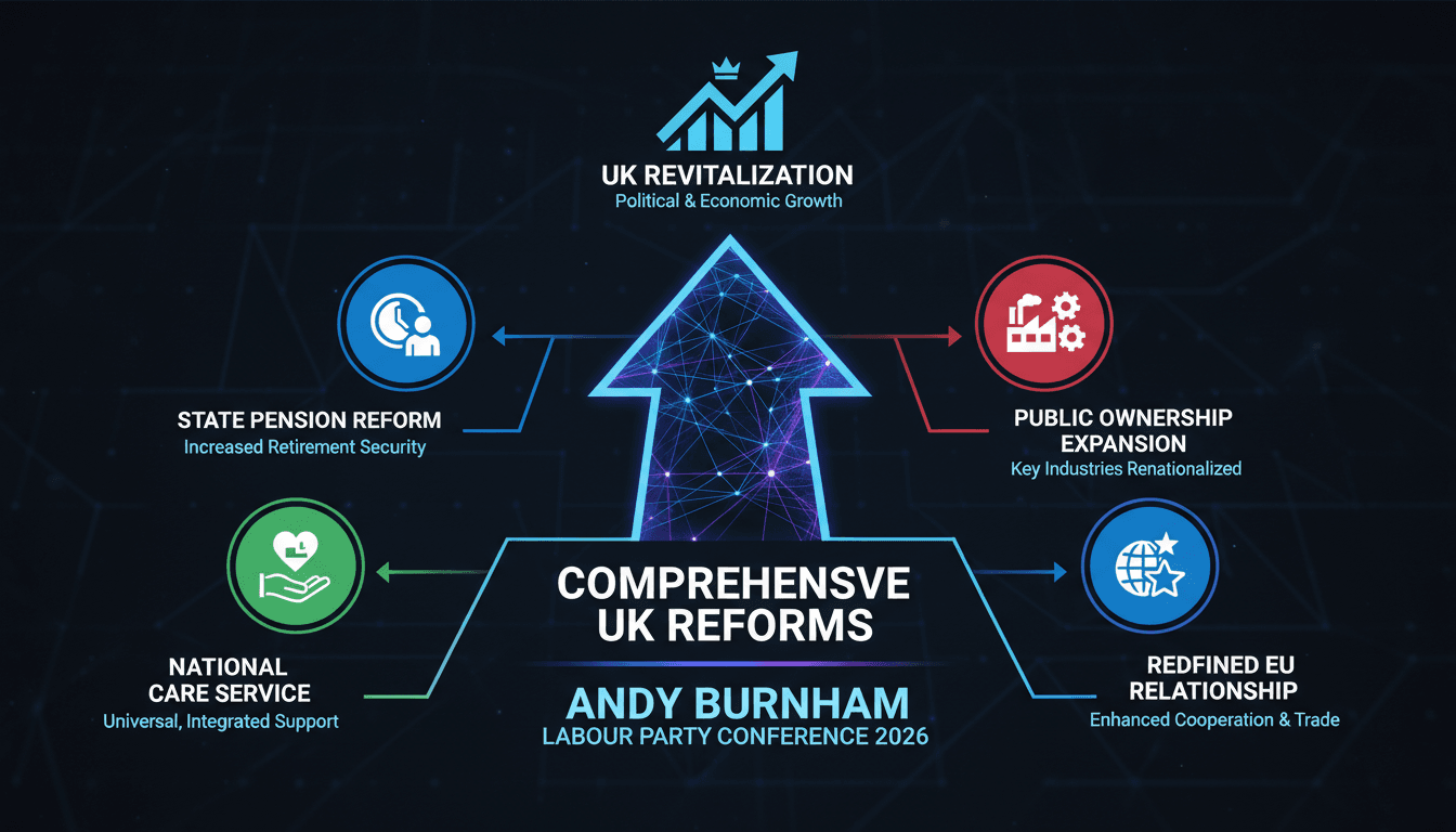 Infographic showing Andy Burnham's proposed reforms and their impacts on UK public services and pensions.