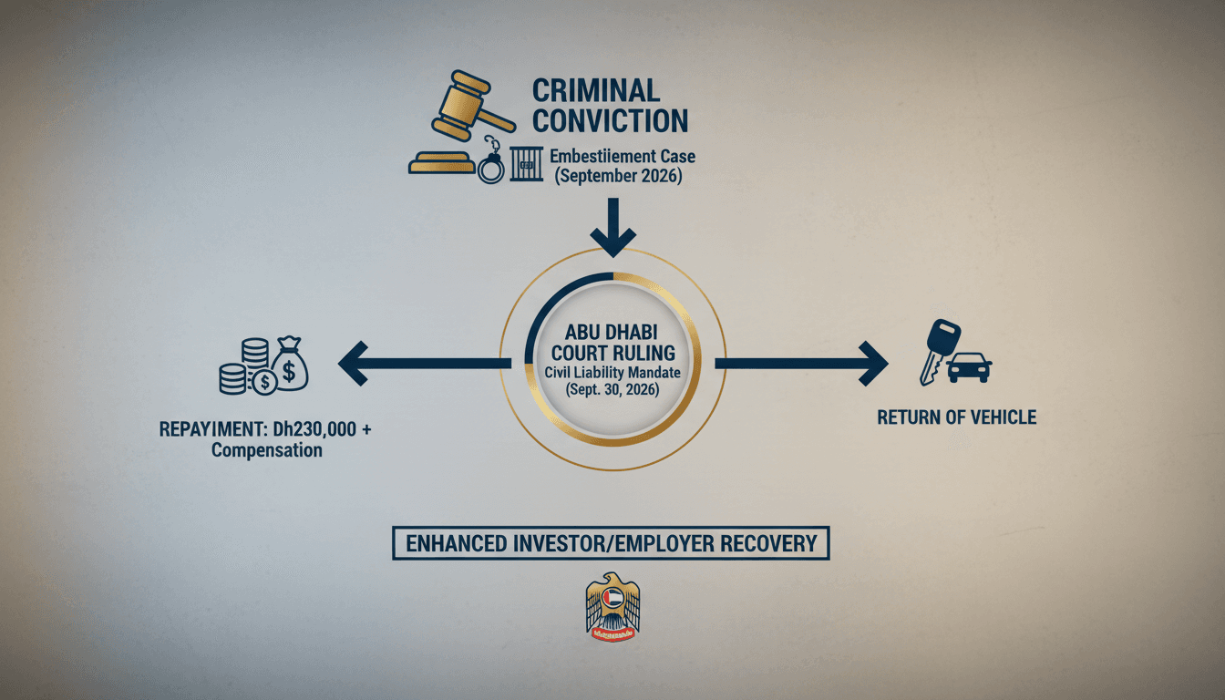 Infographic showing the legal process of embezzlement recovery in Abu Dhabi courts.