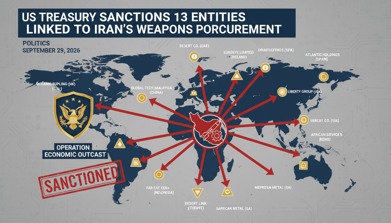 Infographic showing the 13 sanctioned entities and their global locations related to Iran's weapons procurement.
