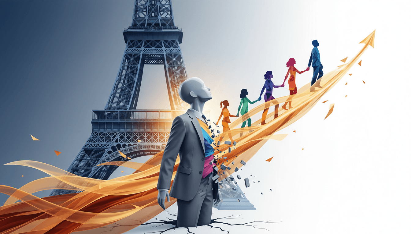 A graphic showing the Eiffel Tower with symbols of gender equality, representing the shift in corporate culture.