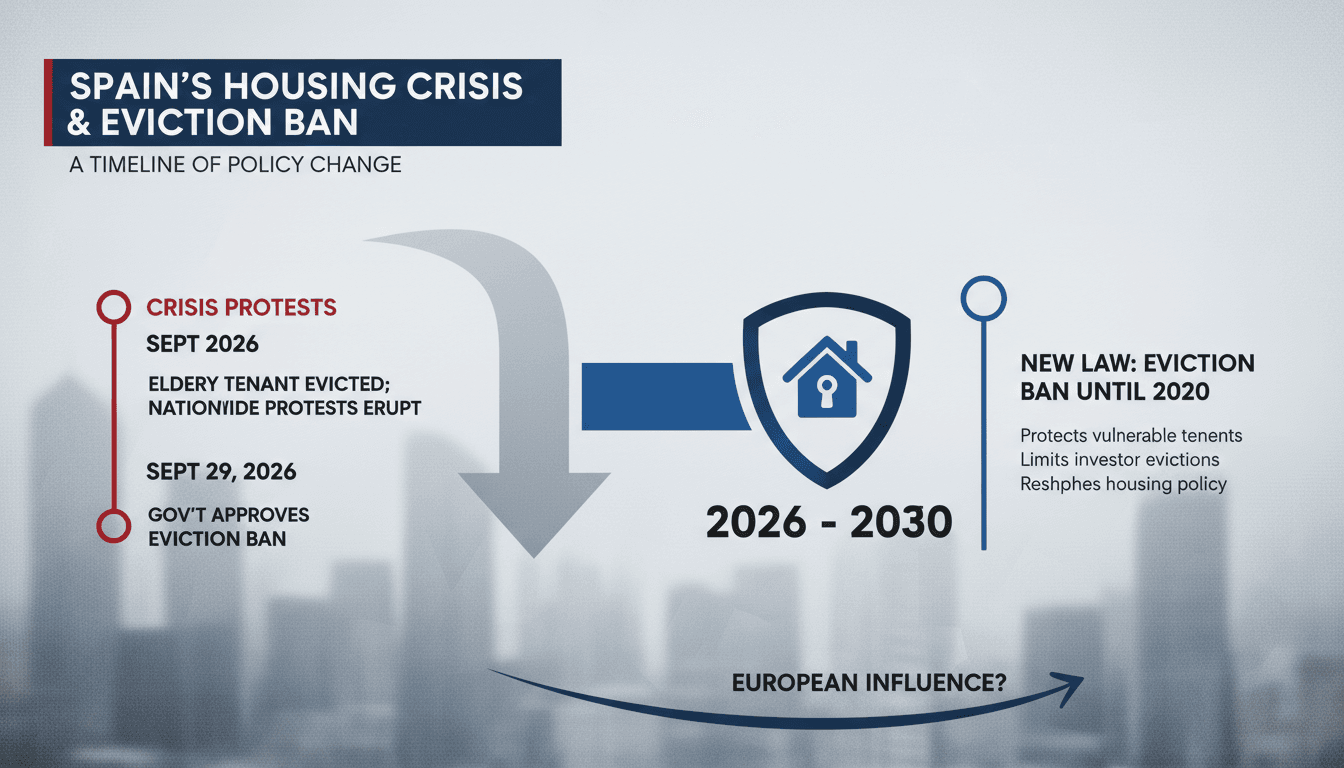 Infographic showing Spain's eviction ban timeline and housing crisis details.