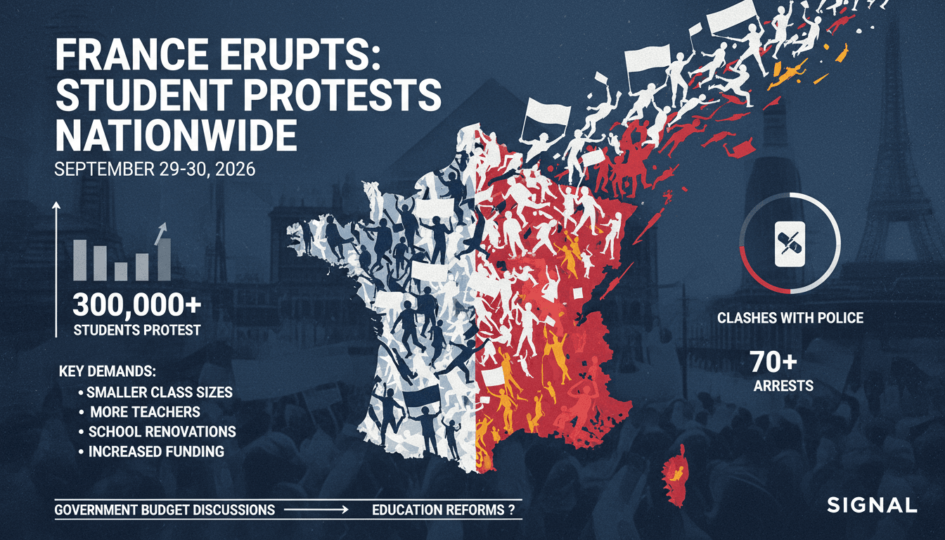 A visual representation of French student protests, showcasing their demands for better educational resources and conditions.