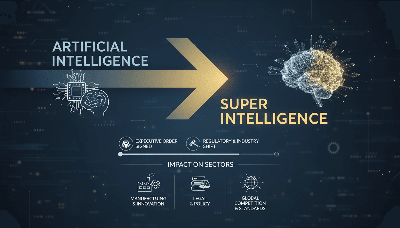 Infographic showing the shift from Artificial Intelligence to Super Intelligence and its implications for various sectors.
