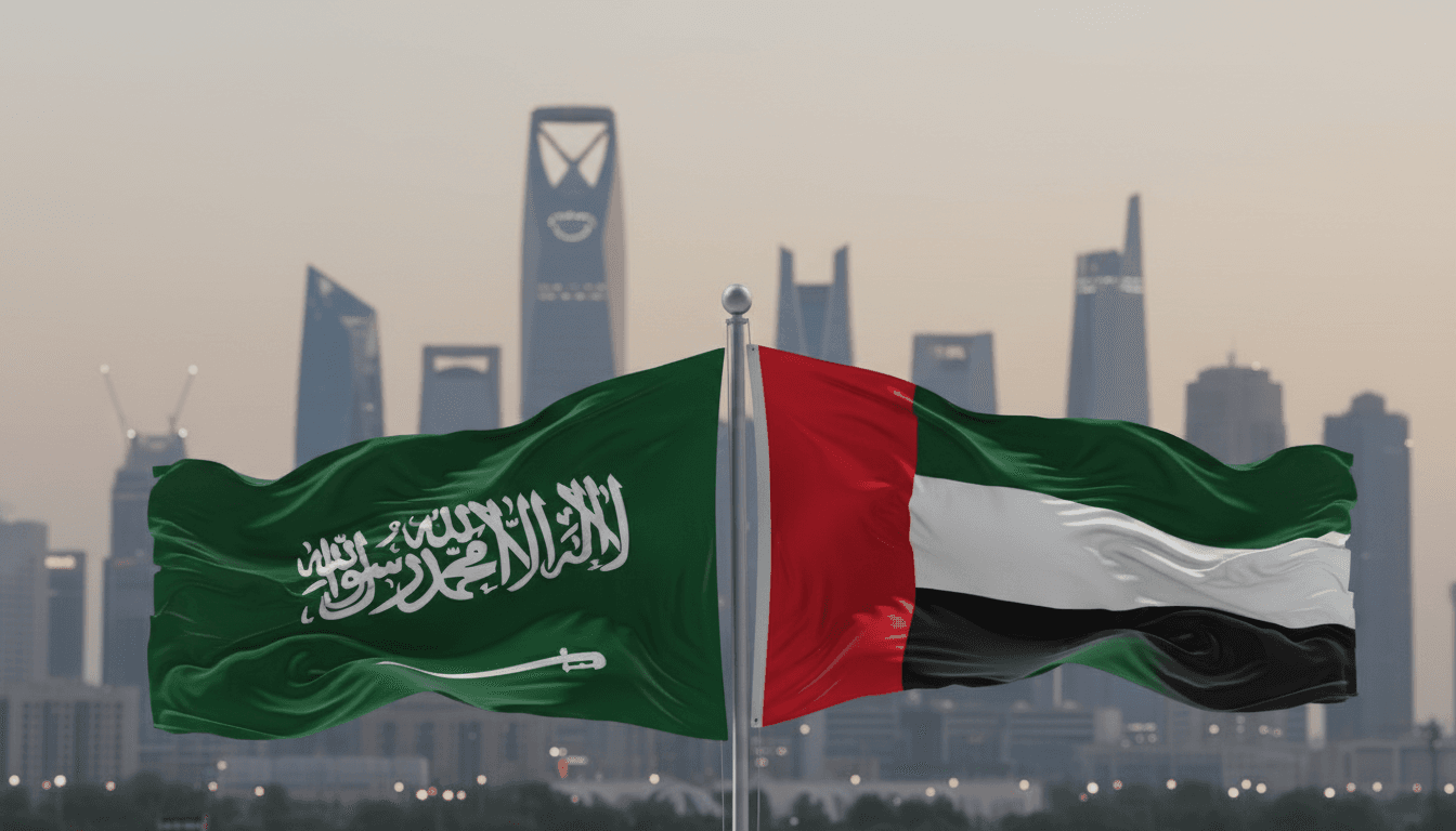 Flags of Saudi Arabia and UAE with Riyadh skyline, highlighting the meeting between the two nations' leaders.