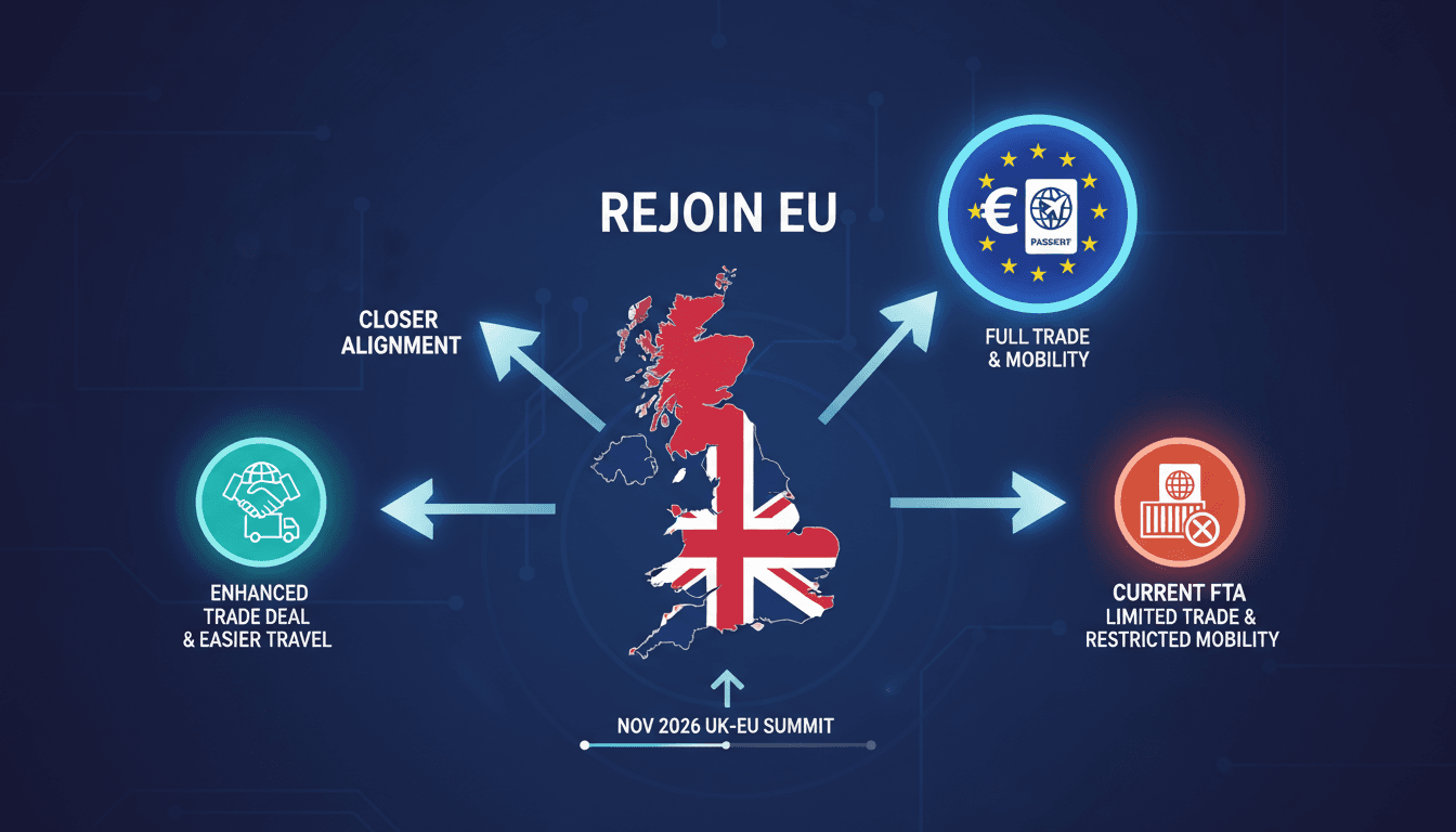 A graphic showing potential pathways for the UK's relationship with the EU, focusing on trade and mobility impacts.