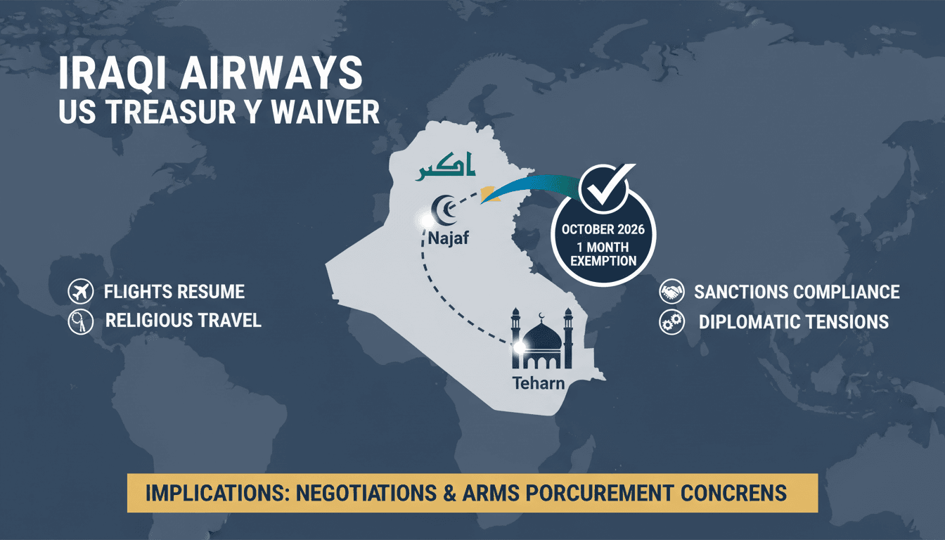 An infographic illustrating the route from Najaf to Iran, detailing the waiver conditions for Iraqi Airways flights.