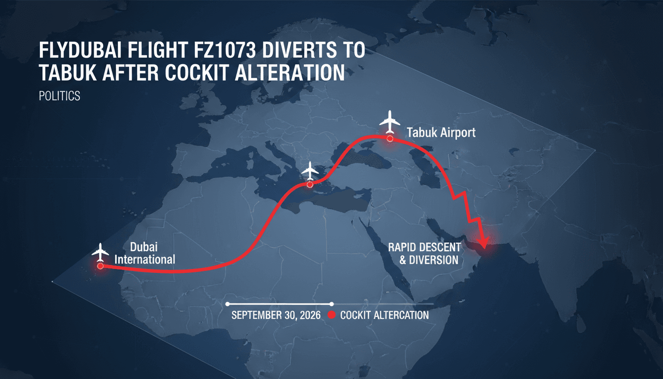 Infographic showing the flight path and rapid descent of Flydubai FZ1073 during the cockpit altercation.
