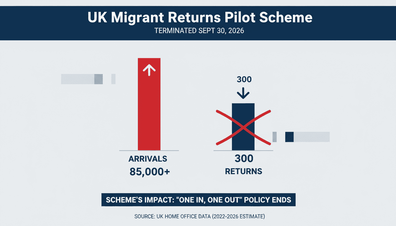 Infographic showing the impact of the UK-France migrant returns scheme, highlighting numbers of returns and arrivals.