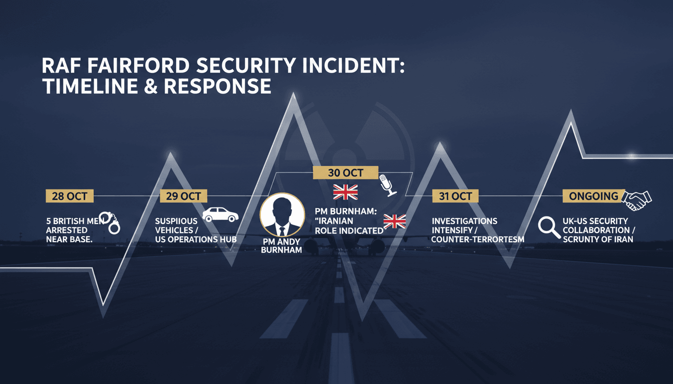 A graphic depicting the RAF Fairford airbase with highlighted security concerns and Iranian involvement.