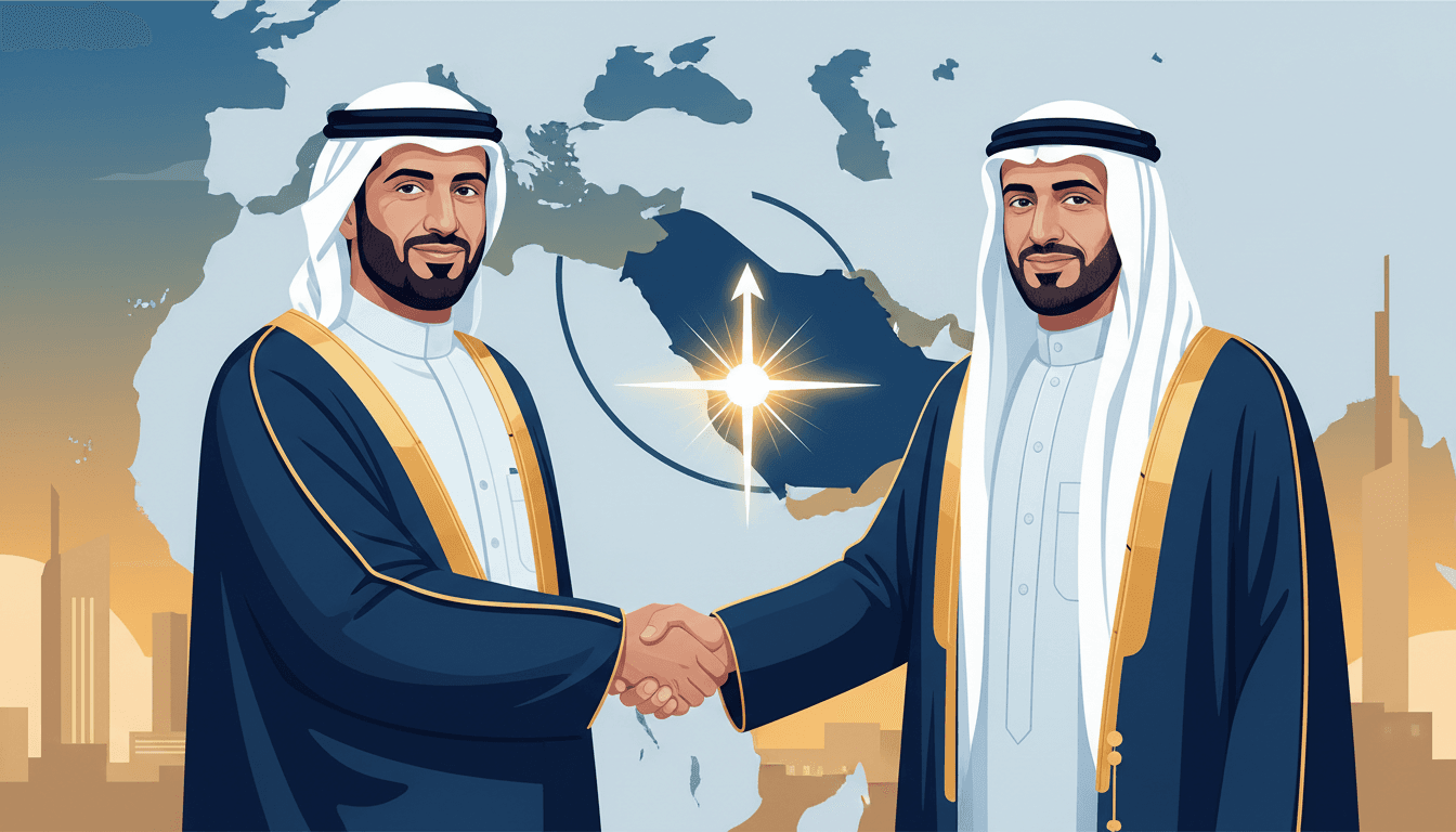 Sheikh Mansour and Crown Prince Mohammed bin Salman shaking hands during a diplomatic visit, highlighting renewed UAE-Saudi relations.
