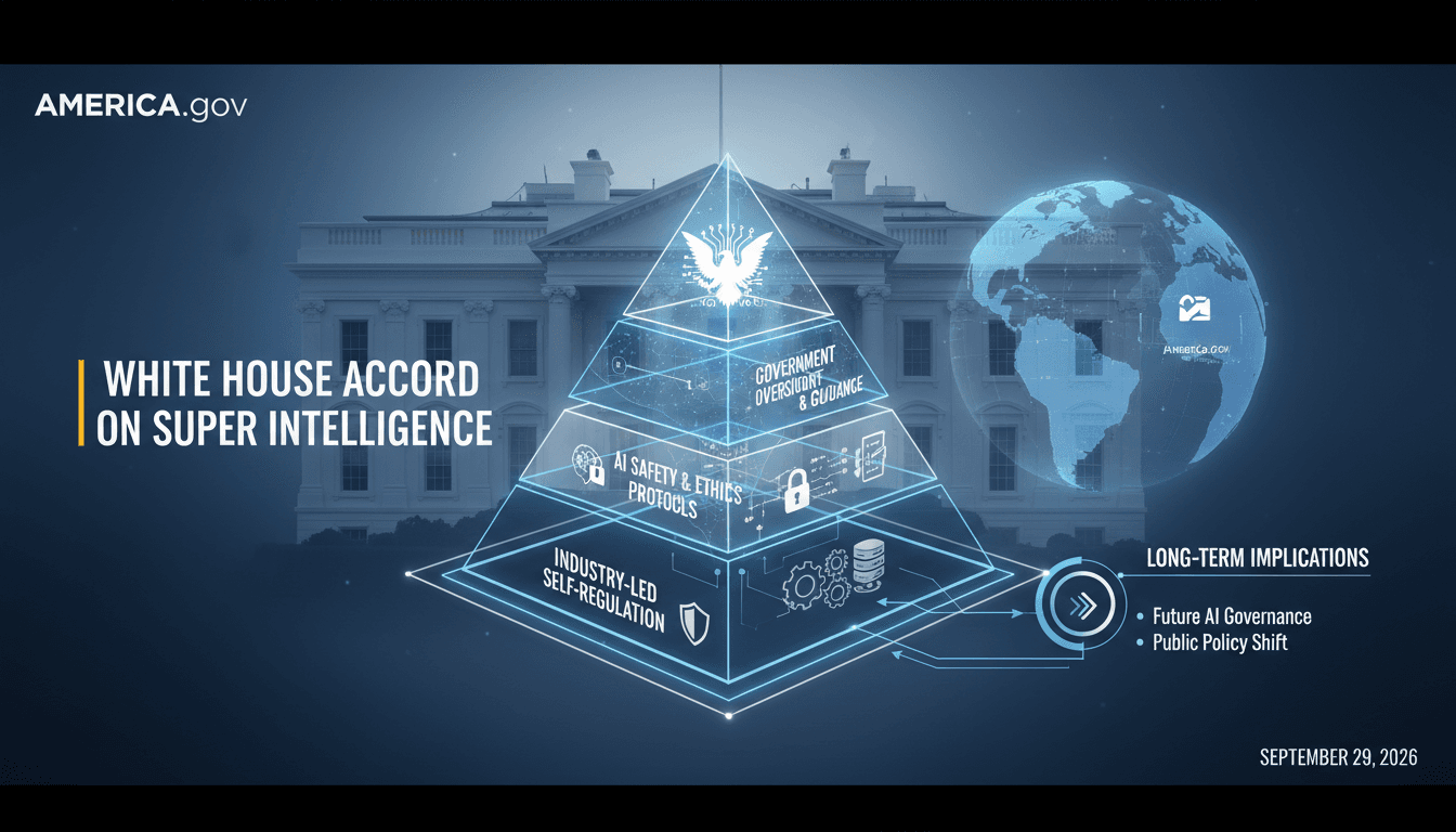 Infographic showing the layers of the White House Accord on Super Intelligence and its implications for AI safety.