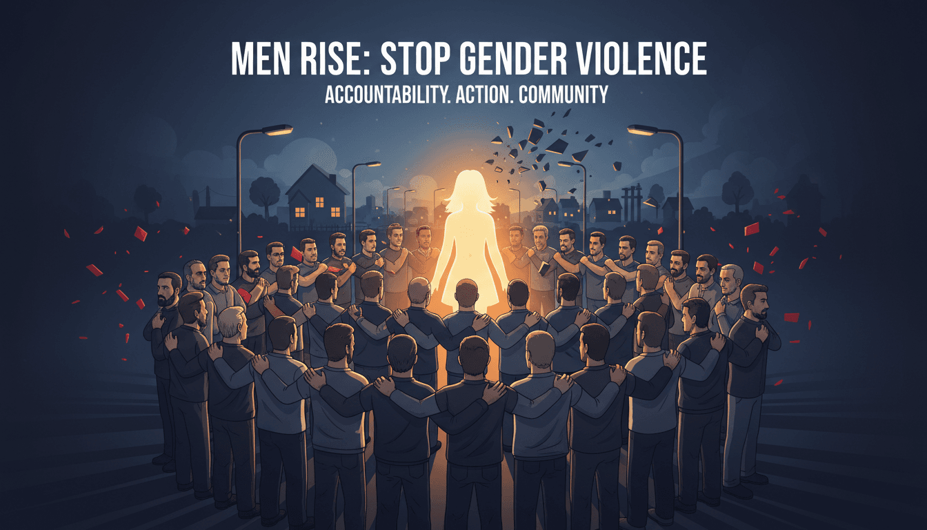 A powerful visual depicting men standing together against gender-based violence, highlighting accountability and community engagement.