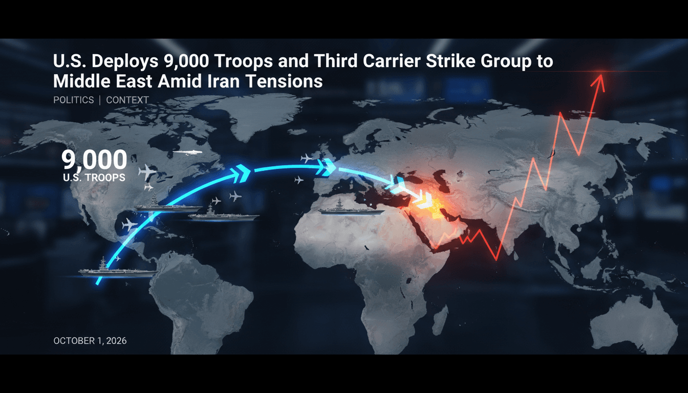 U.S. military deployment graphic showing troop numbers and naval assets in the Middle East amid Iran tensions.
