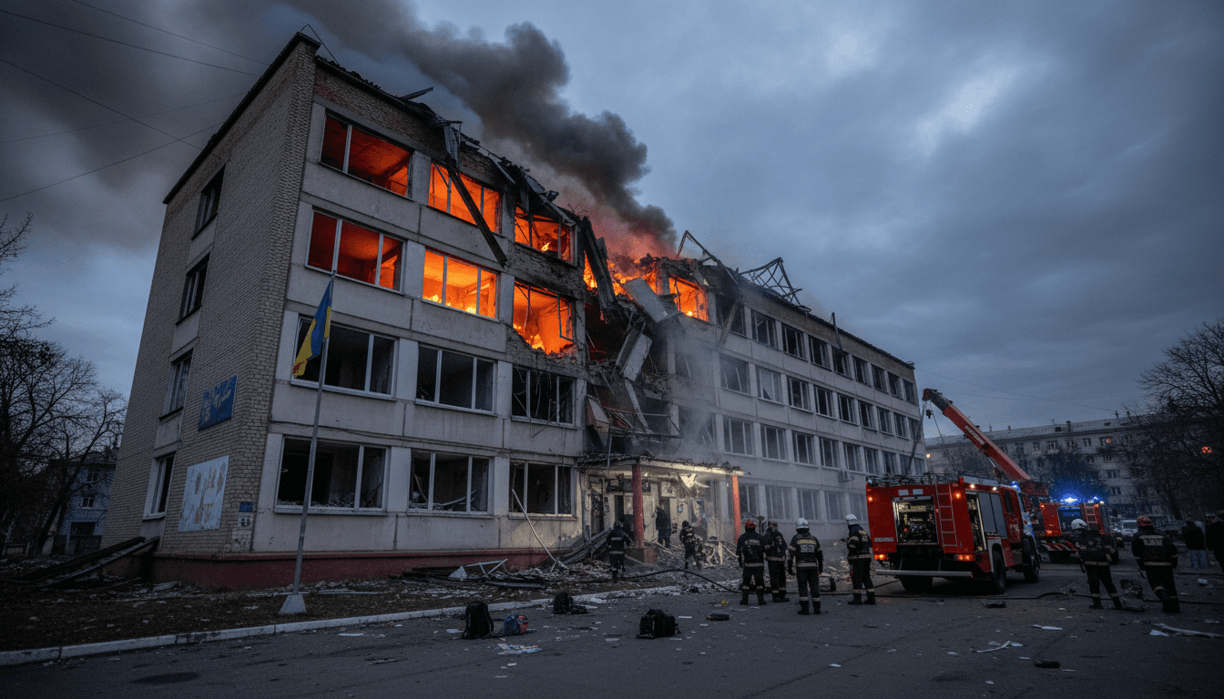 Damage to School No. 12 in Kyiv after a Russian drone strike, showcasing the impact on civilian infrastructure.