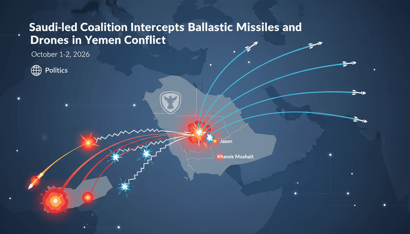 A visual representation of the Saudi-led Coalition intercepting missiles and drones in the Yemen conflict.