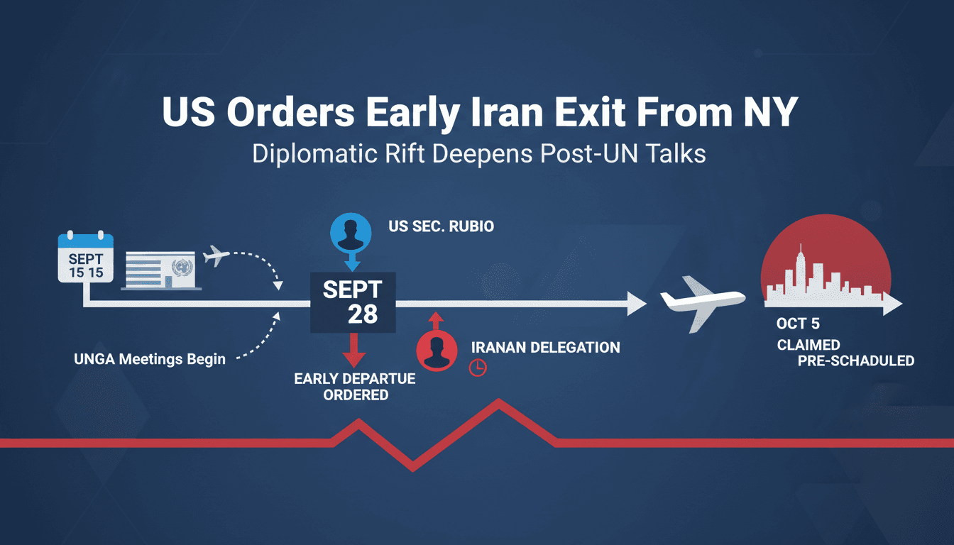 A graphic illustrating the early departure of the Iranian delegation from New York, highlighting US-Iran diplomatic tensions.