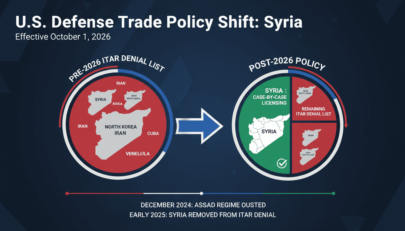 Infographic illustrating the U.S. lifting the arms export ban on Syria and remaining countries under ITAR denial.