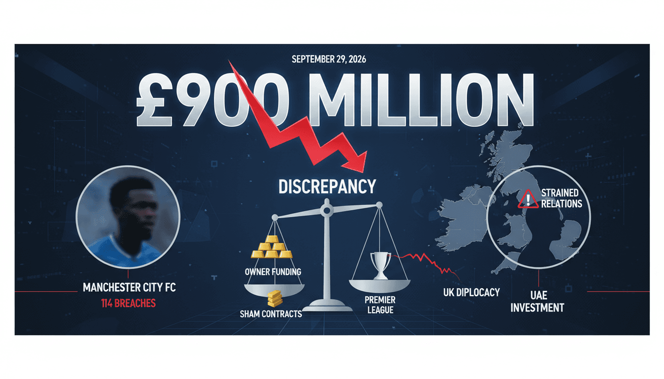 Infographic detailing Manchester City's £900 million financial misconduct and its impact on UK-UAE relations.