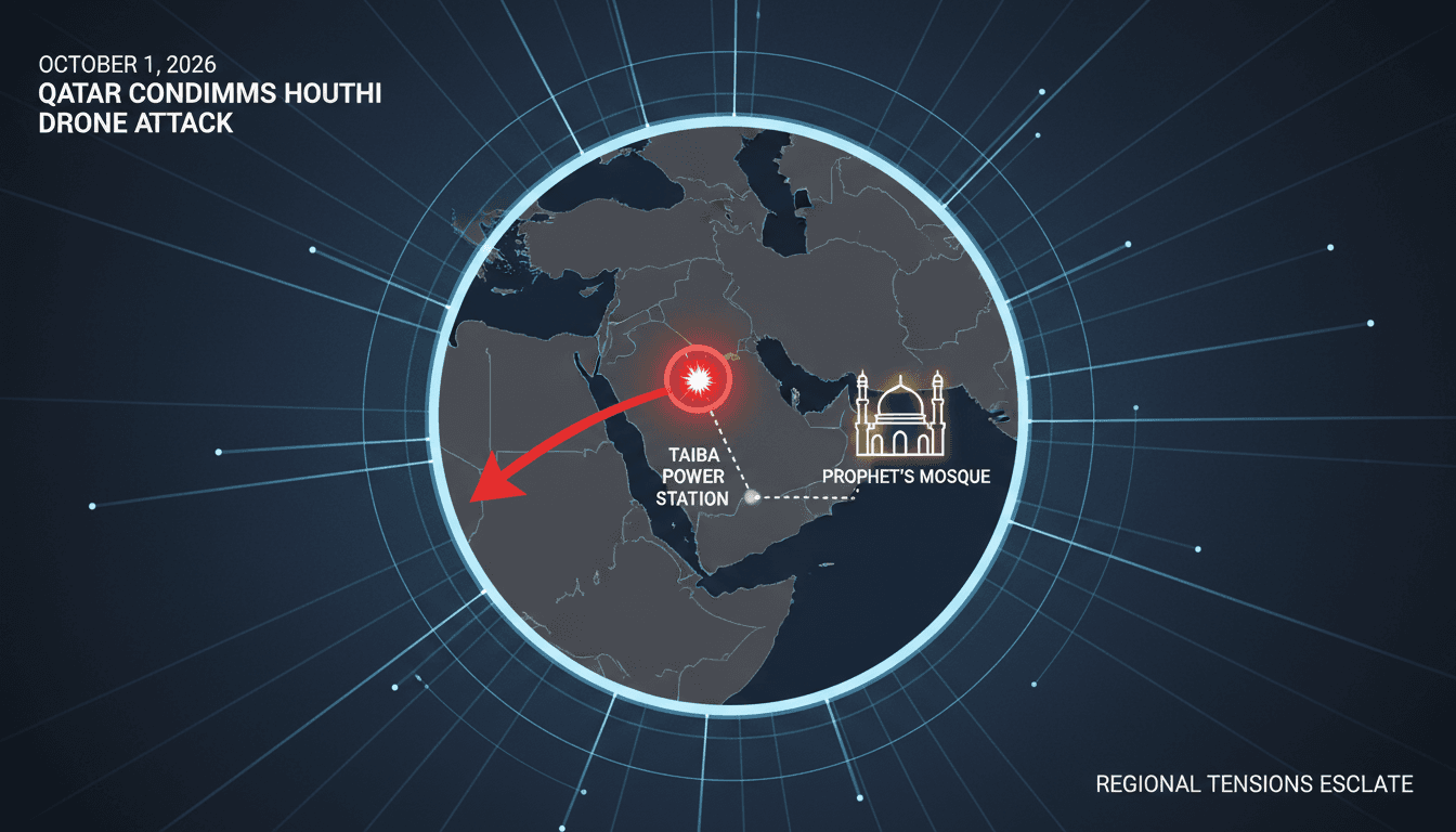 A map highlighting the Taiba power station in Medina, Saudi Arabia, and its connection to the Prophet's Mosque.