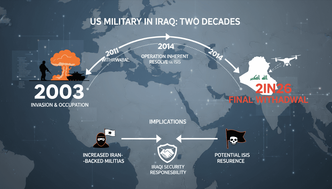 A timeline graphic showing the US military presence in Iraq and the implications of the withdrawal on regional security.
