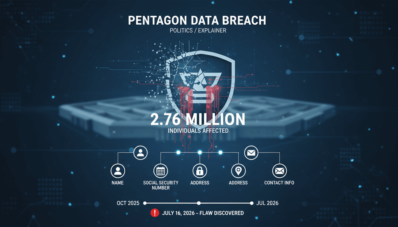 Infographic showing the Pentagon data breach details, including number of records exposed and types of personal information.