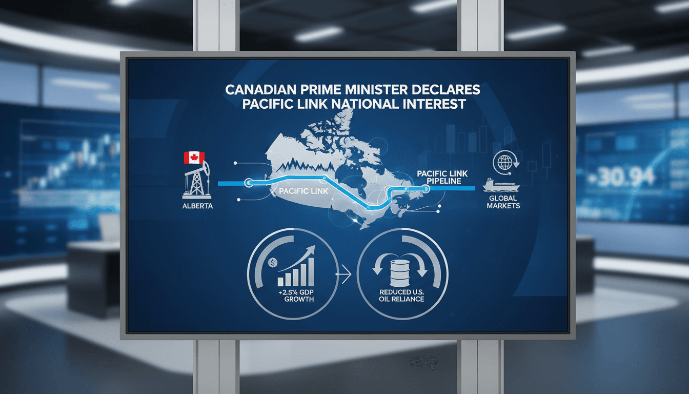 A map illustrating the Pacific Link pipeline route from Alberta to British Columbia, highlighting its significance in Canada's energy strategy.