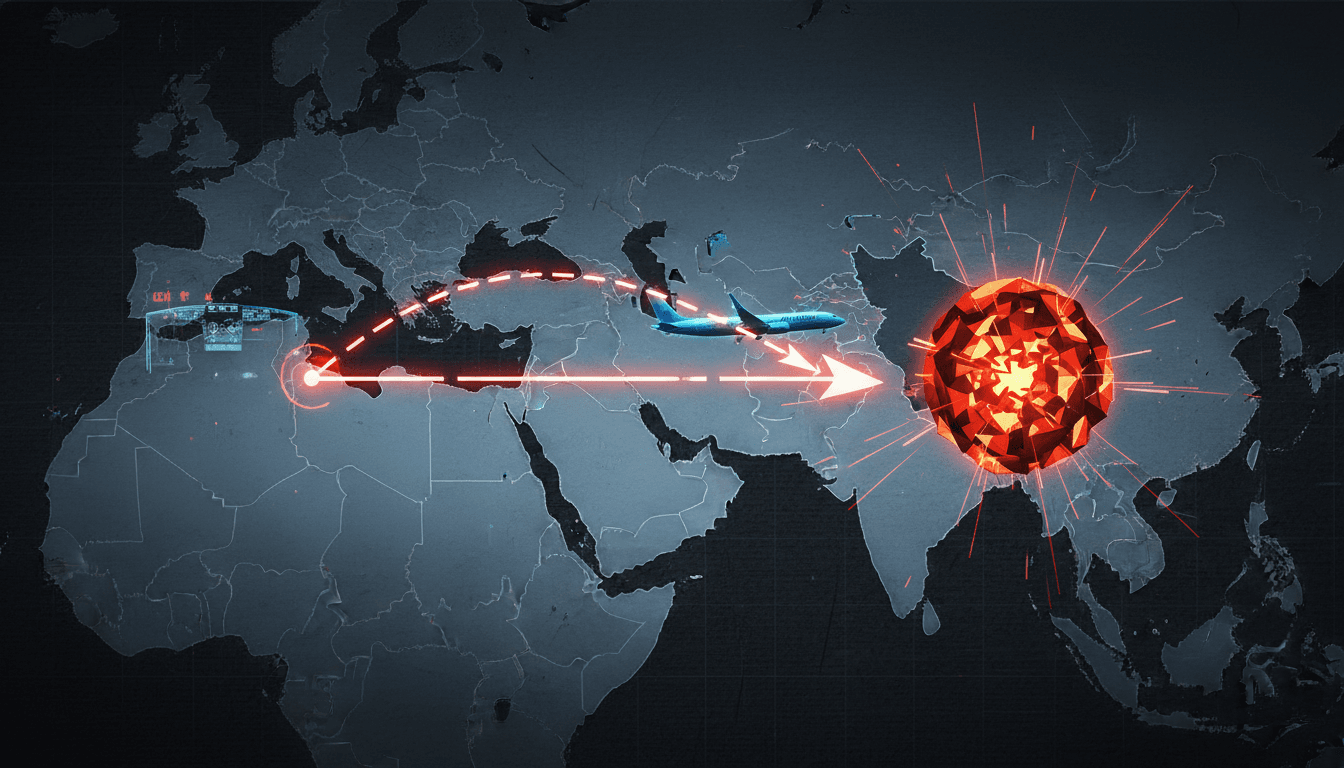 A graphic depicting the Flydubai flight path and geopolitical tensions involving Trump and Iran.
