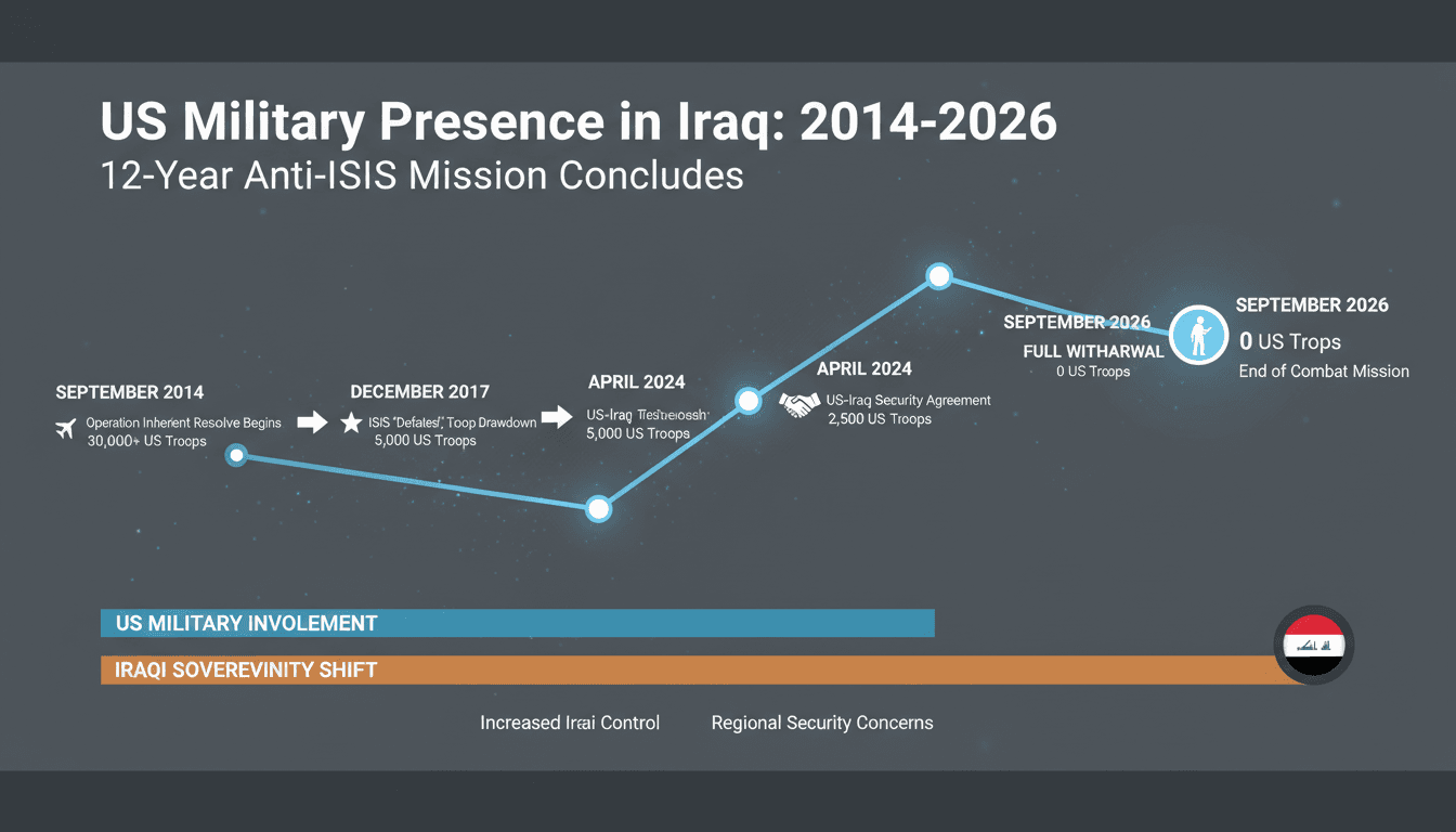 Infographic detailing the timeline of US military involvement in Iraq, focusing on troop numbers and key events.