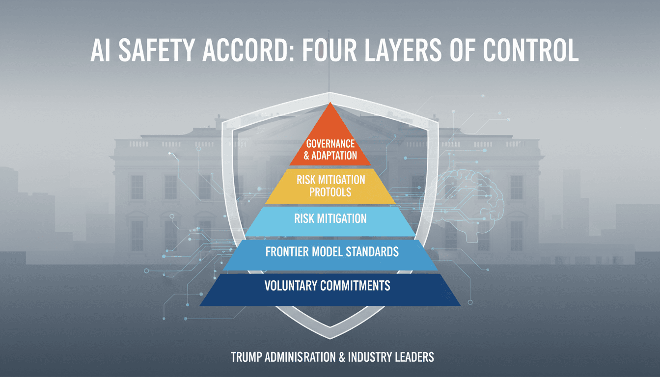 Infographic showing the four layers of control in the AI safety accord signed by Trump and tech leaders.
