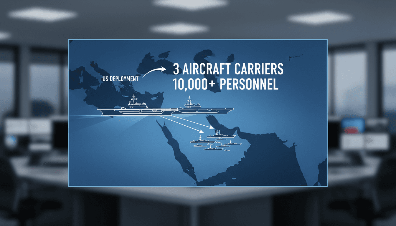 An infographic depicting the US military's deployment of a third carrier strike group and additional personnel to the Persian Gulf.