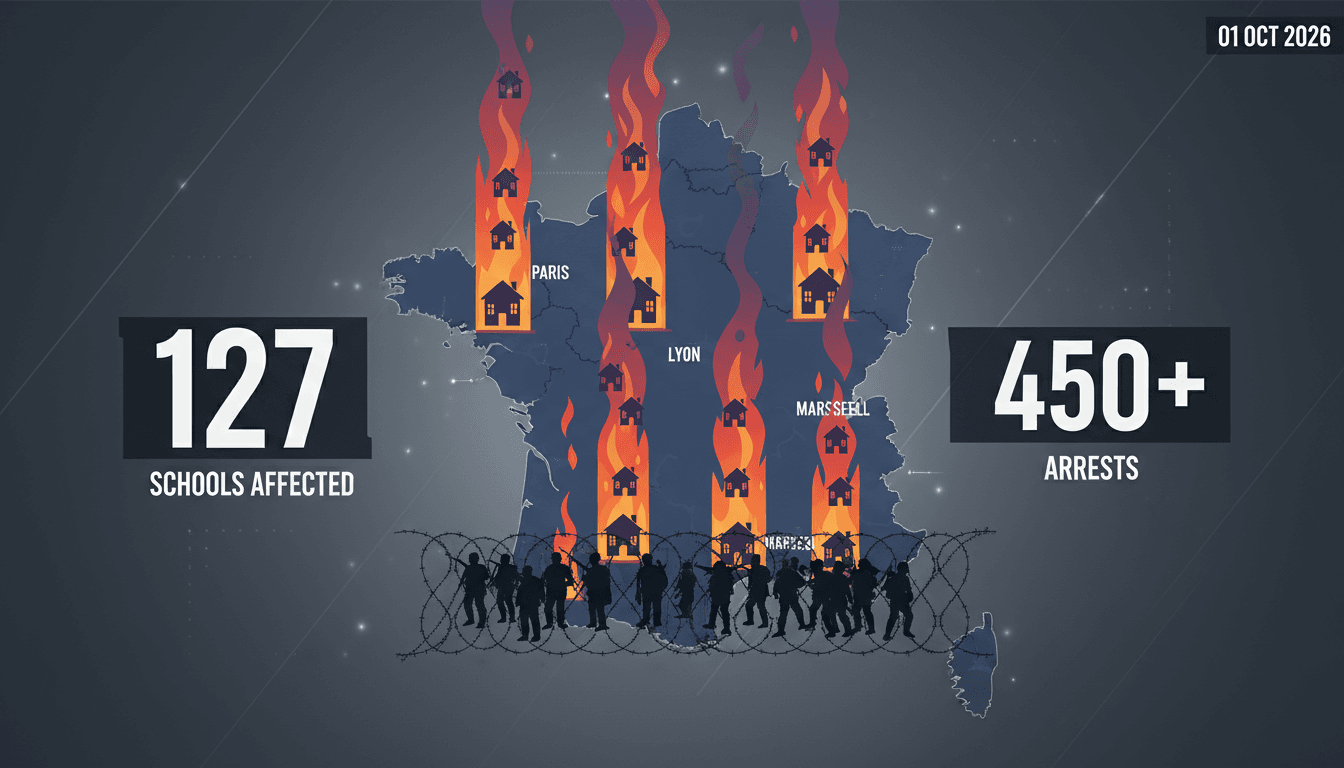 A visual representation of French student protests, highlighting blockades and school fires.