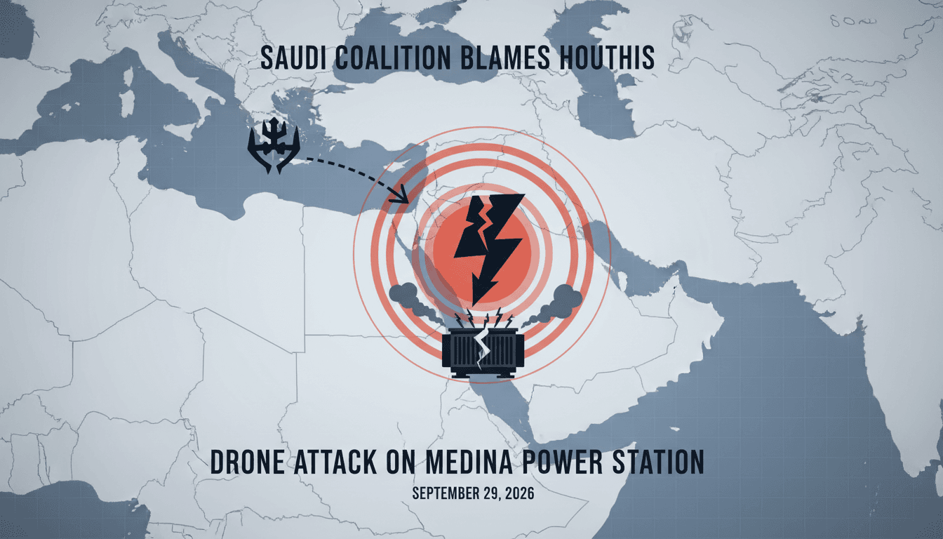 A map highlighting the Taybah power station in Medina, Saudi Arabia, and its significance to the Prophet's Mosque.