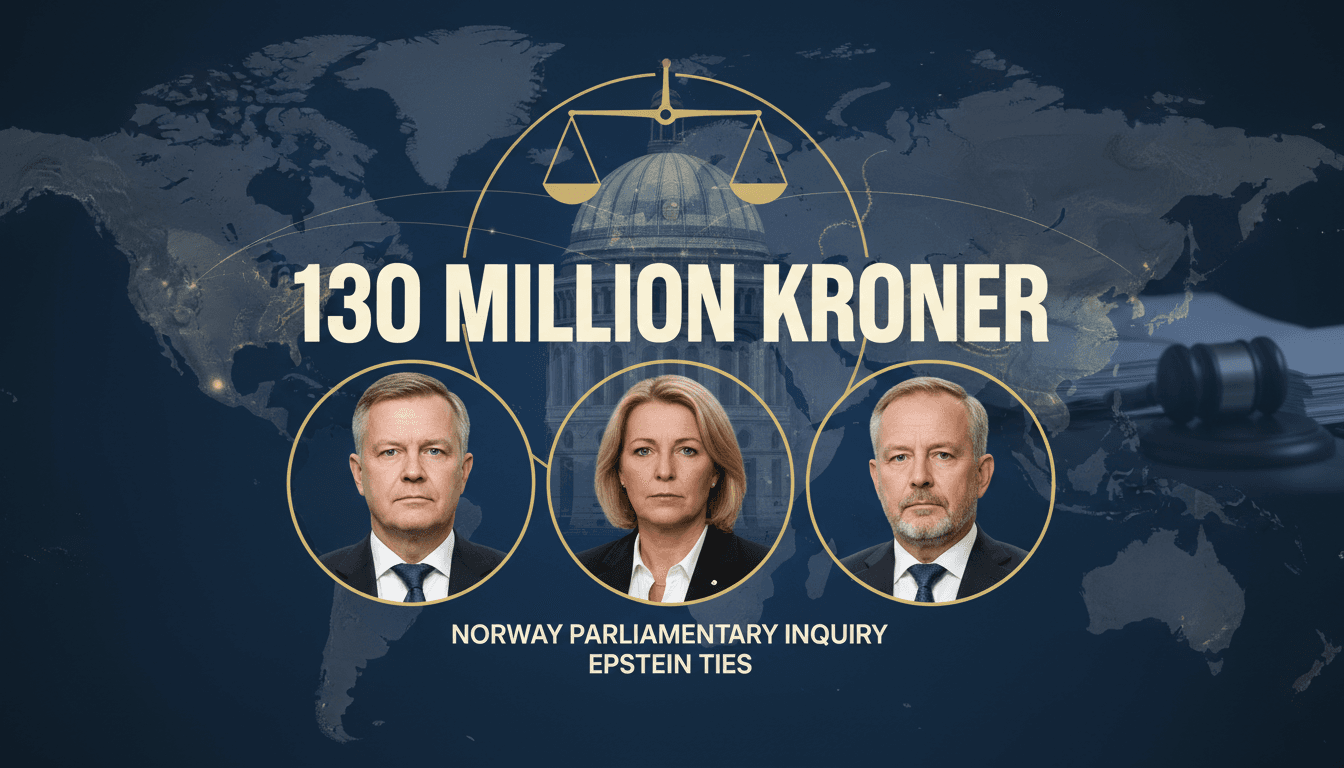 A graphic illustrating Norway's parliamentary probe into Epstein connections, featuring key officials and funding amounts.