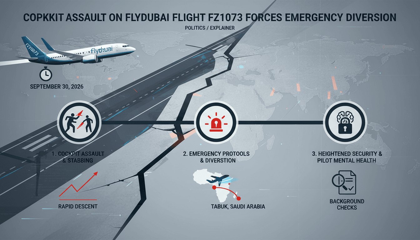 A graphic showing the timeline and key events of the Flydubai cockpit assault incident.