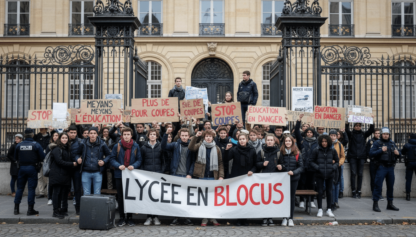 Students blockading a school entrance in France, demanding better educational conditions.