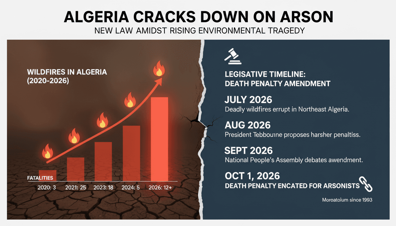 Infographic showing Algeria's wildfires and the new death penalty legislation for arsonists.