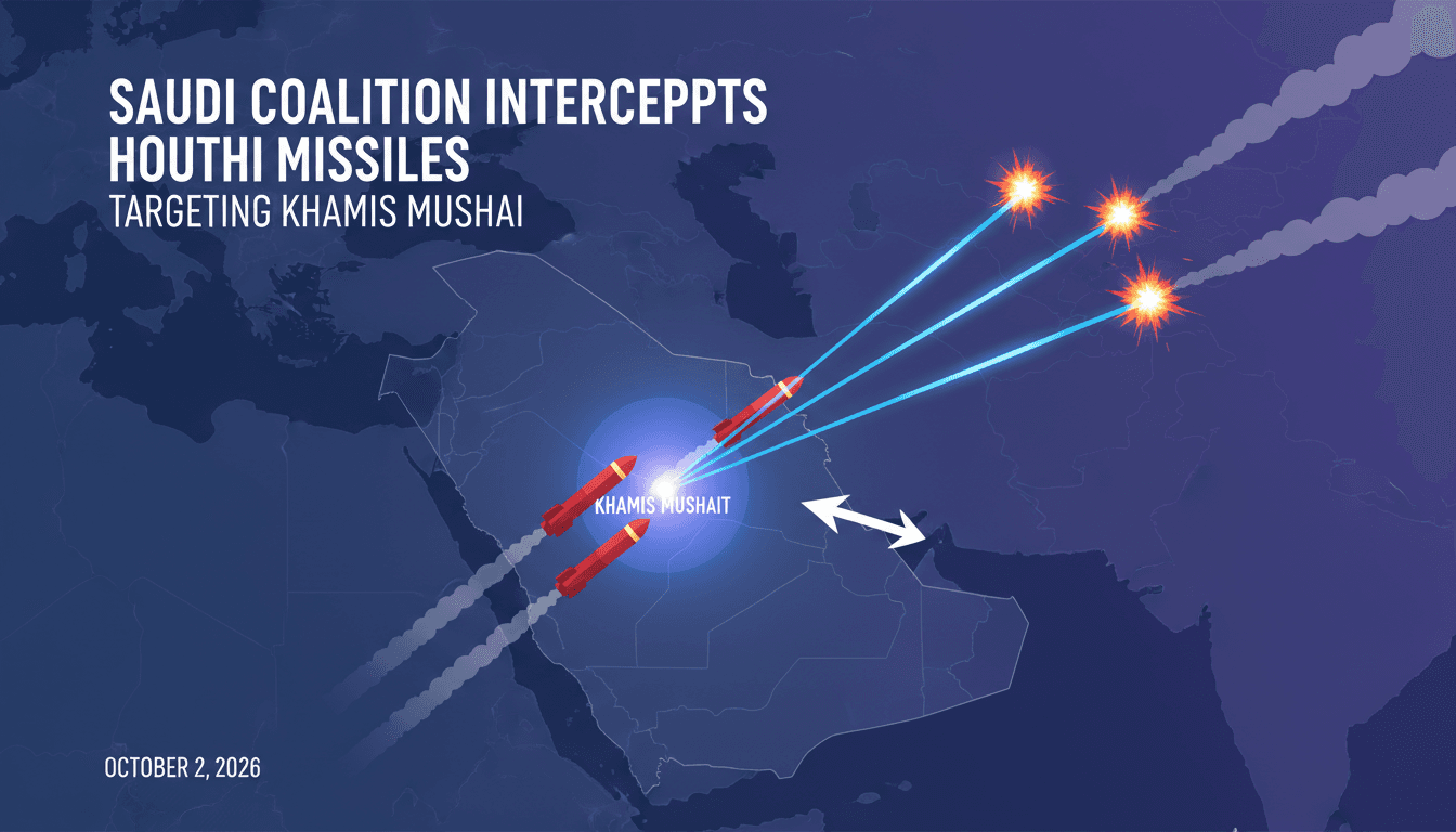 Infographic showing the interception of three Houthi missiles targeting Khamis Mushait in Saudi Arabia.