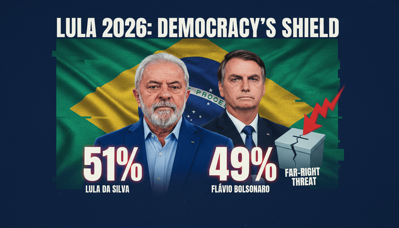 Lula da Silva and Flávio Bolsonaro with polling numbers and Brazil's flag in the background.