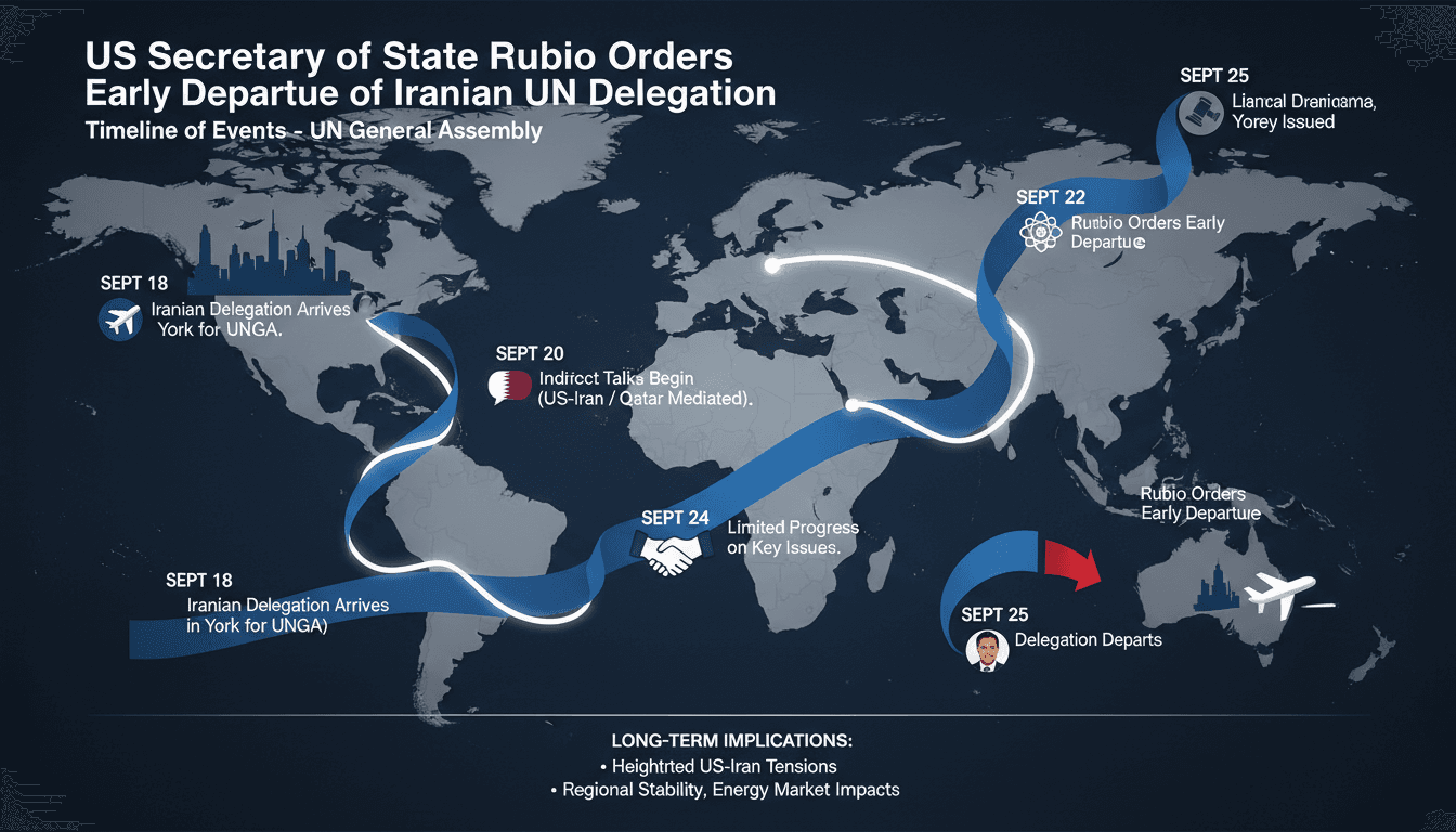 A graphic illustrating the early departure of the Iranian UN delegation ordered by US Secretary of State Rubio during the UN General Assembly.