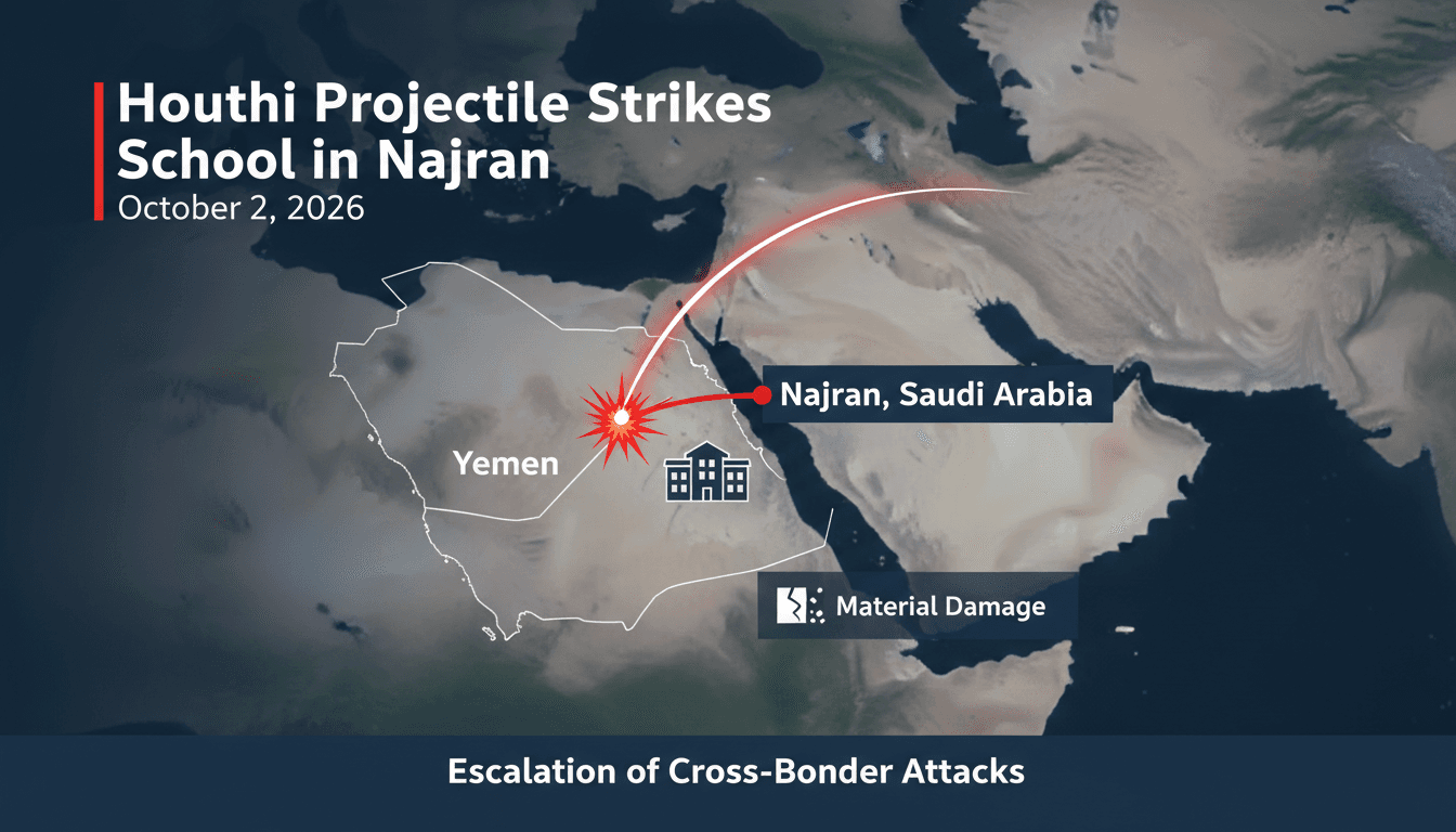 Map showing Najran, Saudi Arabia, with an overlay of the Houthi projectile strike incident.