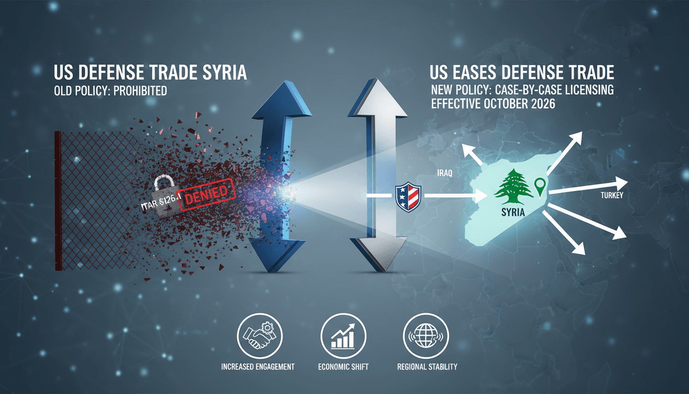Infographic showing U.S. defense trade policy changes with Syria and regional implications.
