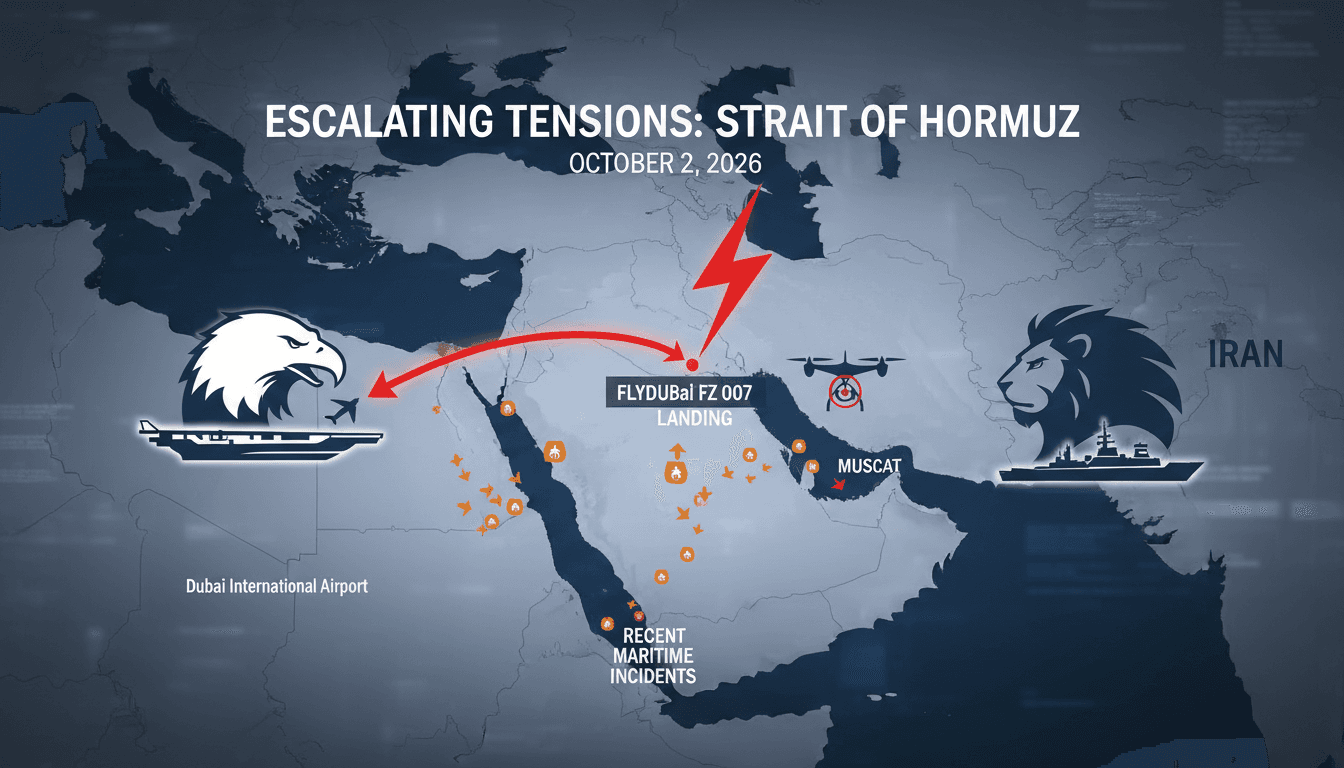 A map showing the Flydubai flight path and recent maritime incidents in the Strait of Hormuz.