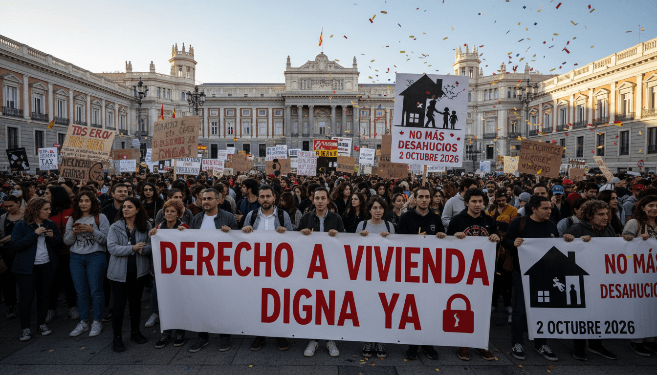 Protesters in Madrid demanding housing rights amid Spain's housing crisis.