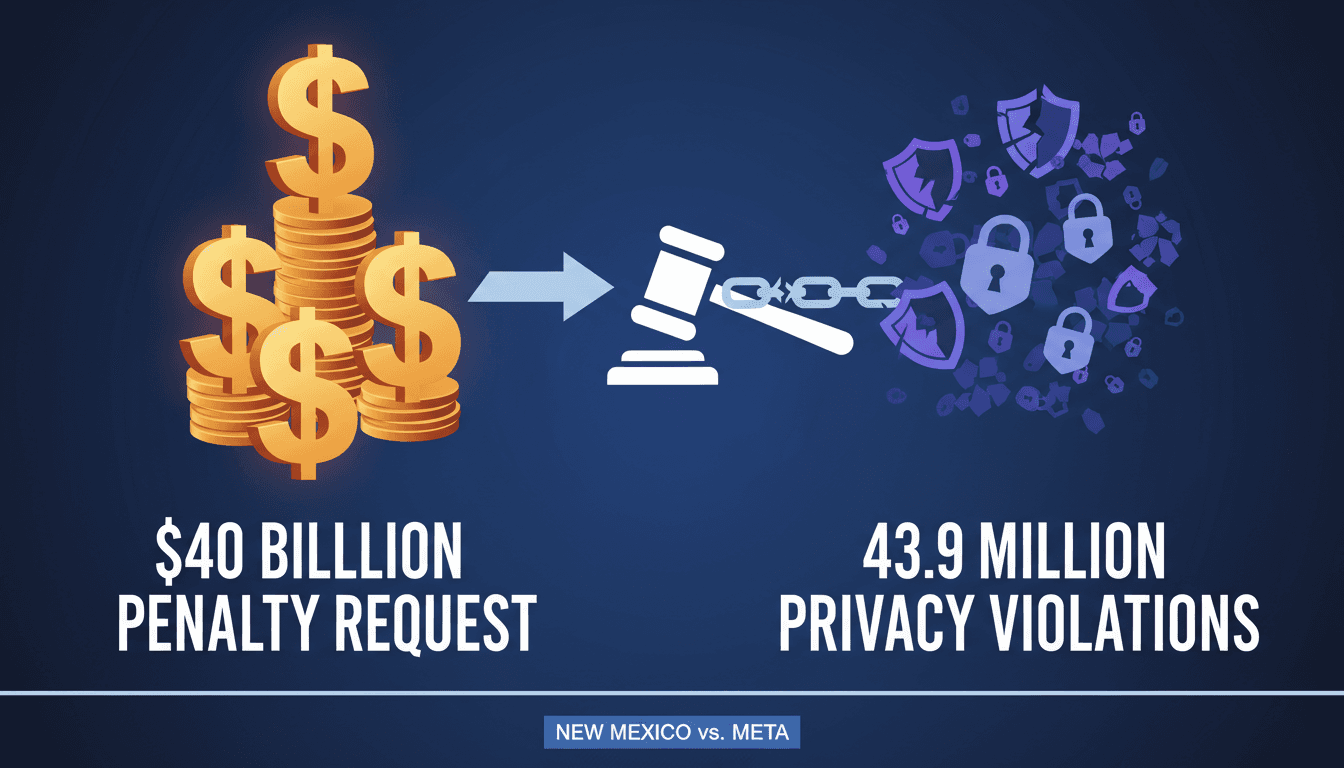 Infographic illustrating New Mexico's $40 billion penalty request against Meta for privacy violations.