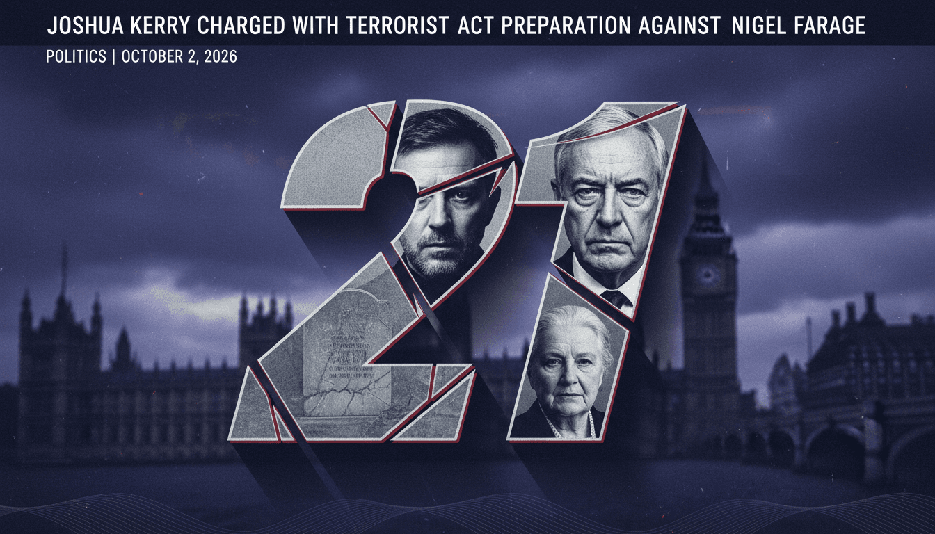 A graphic depicting the number 21 and political figures, highlighting the seriousness of the terrorism charge against Joshua Kerry.