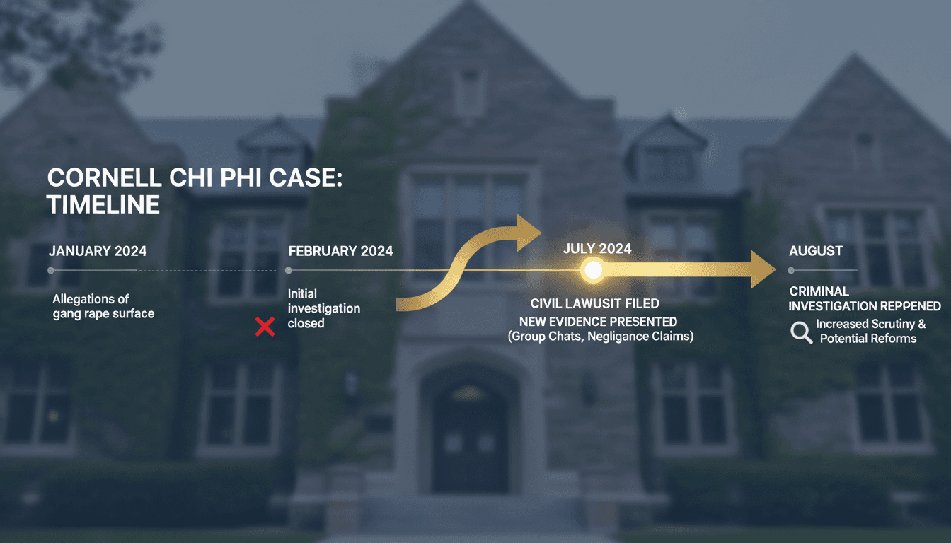 Timeline of the Cornell fraternity gang rape allegations and legal actions taken.