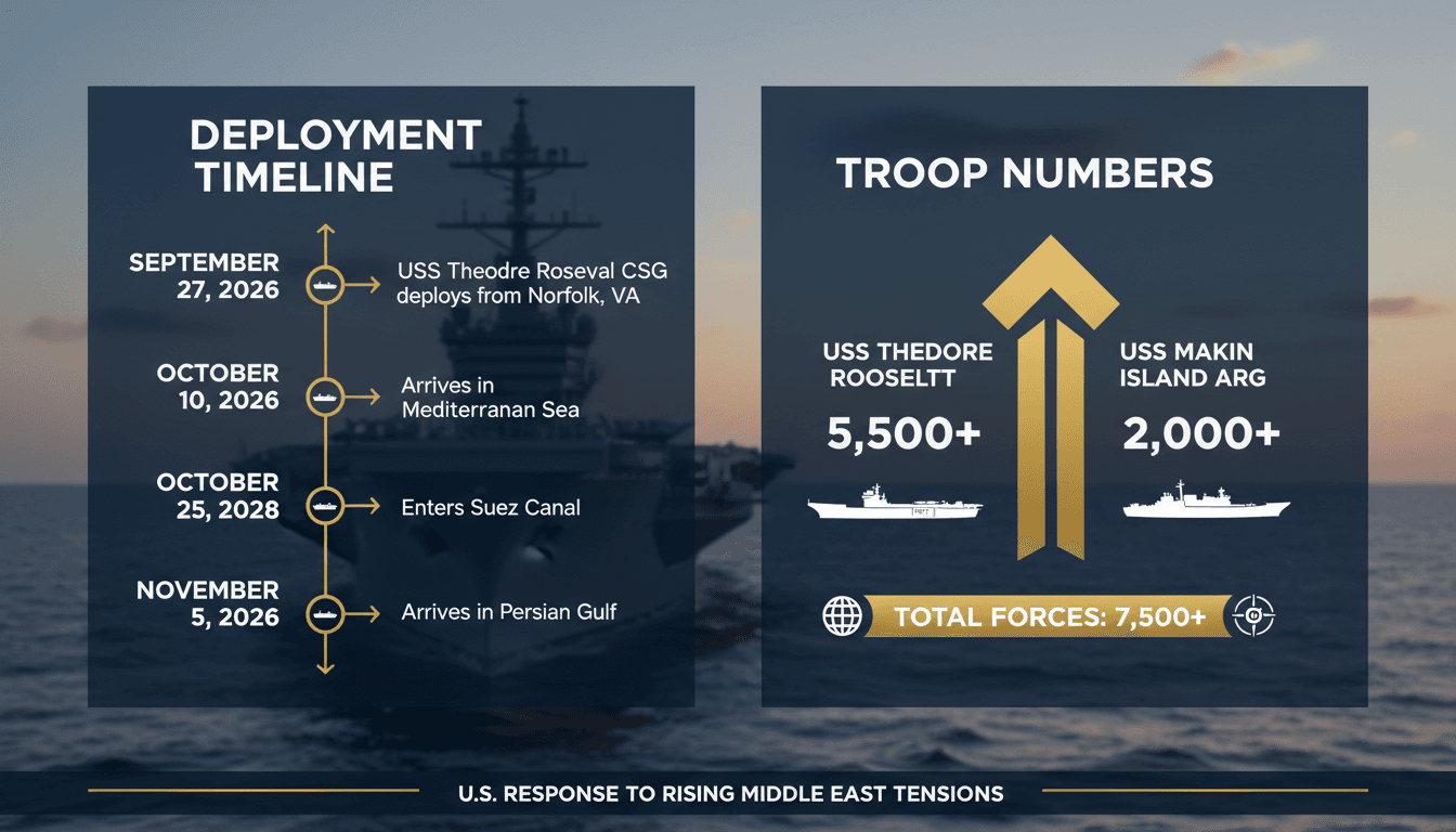U.S. Navy aircraft carrier USS Theodore Roosevelt deployed to the Middle East, enhancing military presence and operational capacity.